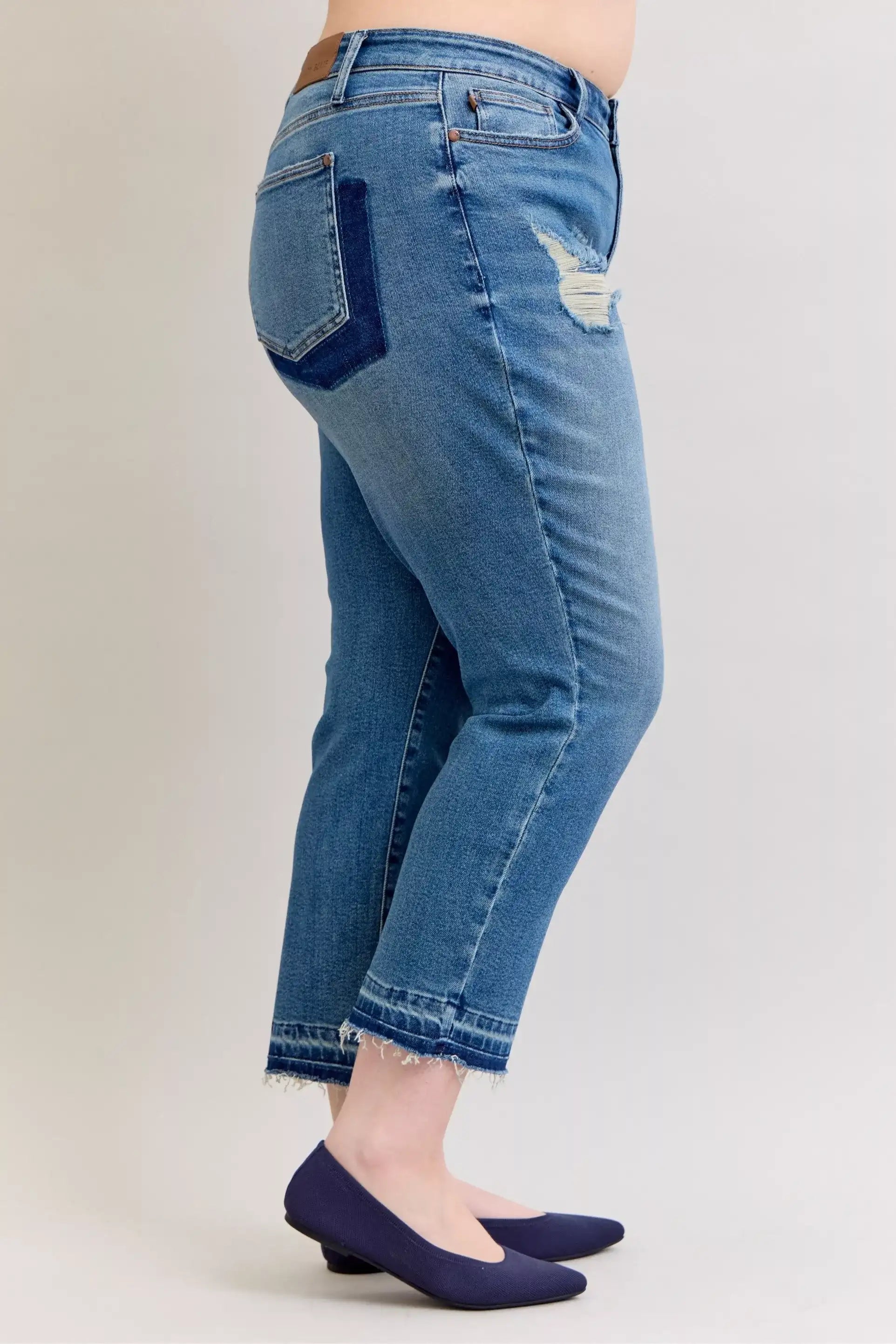 Judy Blue Full Size Mid Rise Bf Patch & Repair Destroy Release Hem Jeans Plus Size - Jeans Junction Online