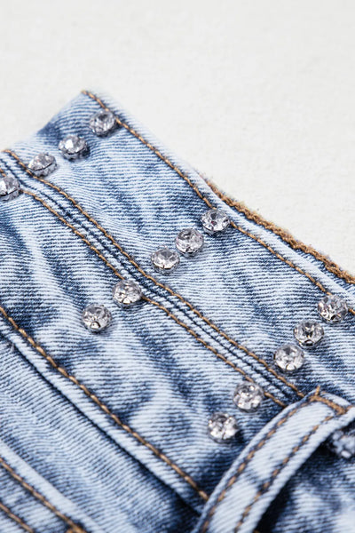 Rhinestone Light Wash Raw Hem High Waist Denim Shorts - Jeans Junction Online
