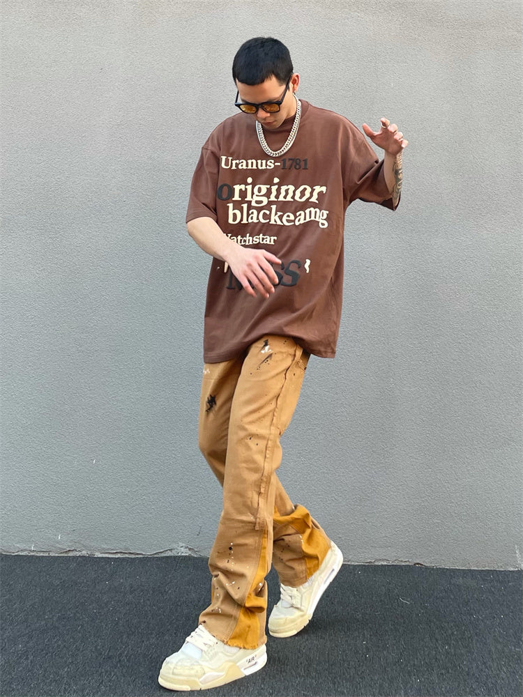 Khaki Men's Vibe Style Splattered Ink Graffiti Micro Flared Pants - Jeans Junction Online 