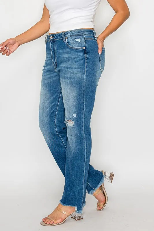 bytos Full Size Raw Hem Distressed Mid Rise Straight Jeans - Jeans Junction Online