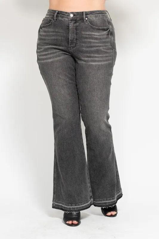 Judy Blue Full Size Mid Rise Tummy Control Washed Gray Release Hem Flare Jeans Plus Size - Jeans Junction Online