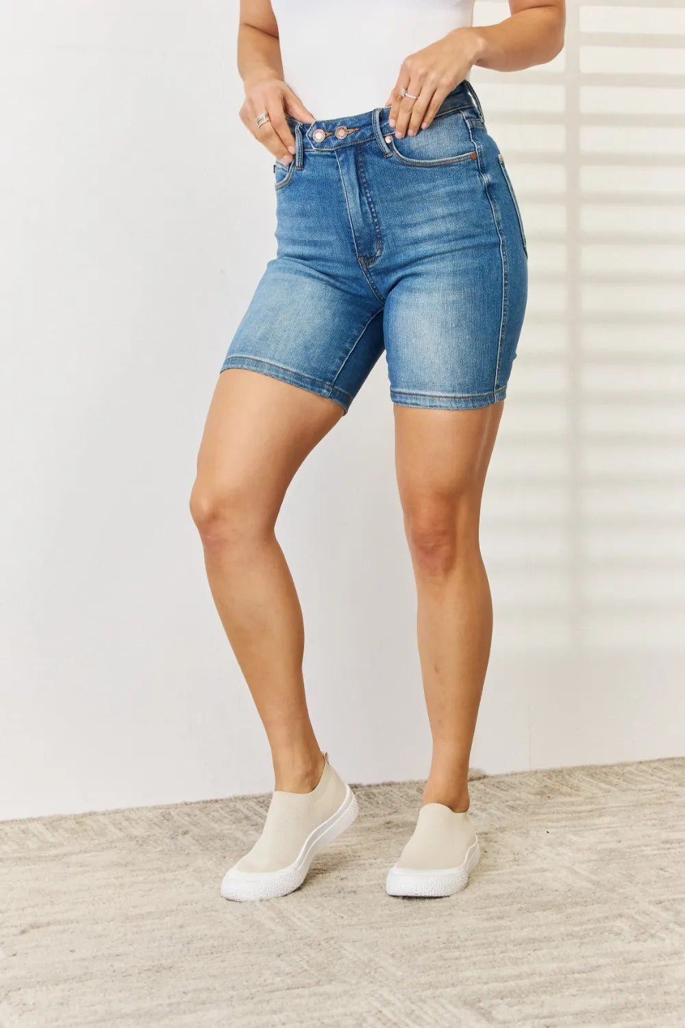 Judy Blue Full Size Tummy Control Double Button Bermuda Denim Shorts - Jeans Junction Online