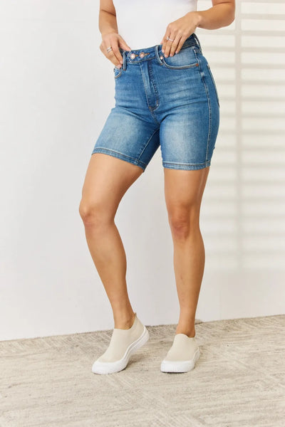 Judy Blue Full Size Tummy Control Double Button Bermuda Denim Shorts - Jeans Junction Online