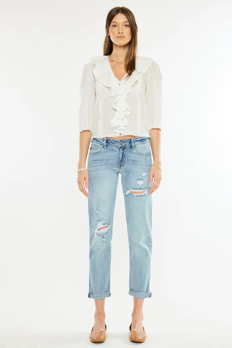 Kancan Mid Rise Distressed Boyfriend Fit Jeans - Jeans Junction Online