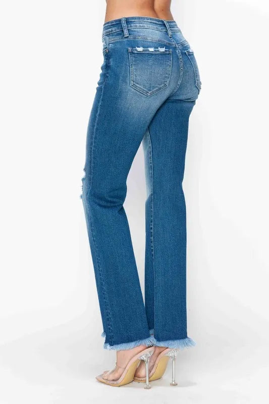 bytos Full Size Raw Hem Distressed Mid Rise Straight Jeans - Jeans Junction Online