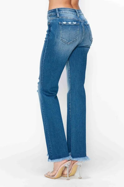 bytos Full Size Raw Hem Distressed Mid Rise Straight Jeans - Jeans Junction Online