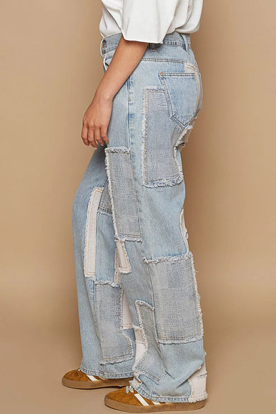 POL Contrast Patched Raw Hem Straight Jeans - Jeans Junction Online