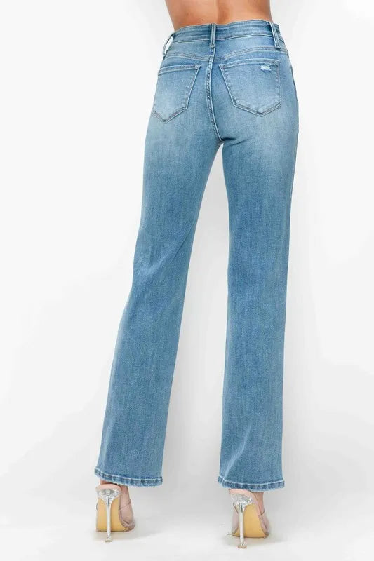 bytos Full Size Distressed High Rise Straight Jeans - Jeans Junction Online