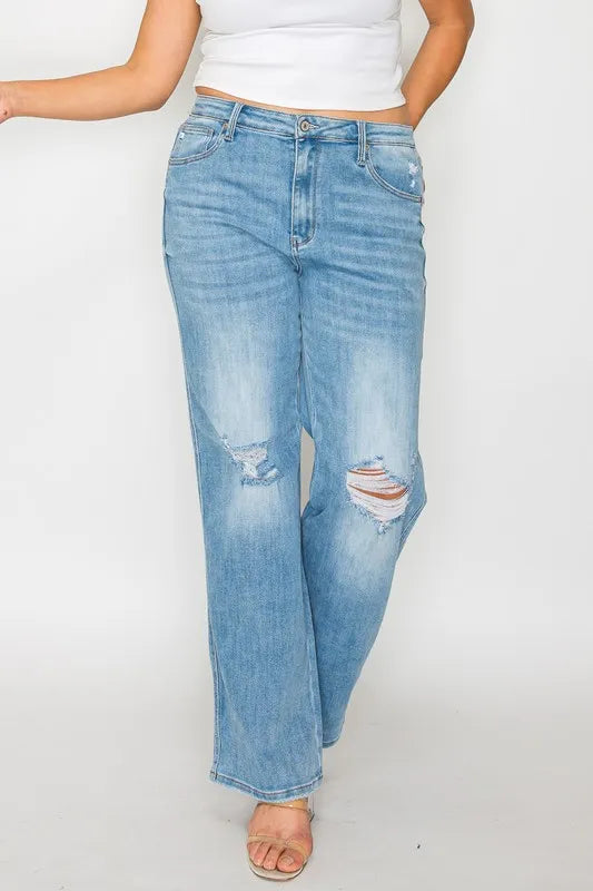 bytos Full Size Distressed High Rise Straight Jeans - Jeans Junction Online