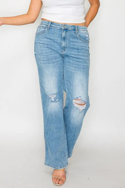 bytos Full Size Distressed High Rise Straight Jeans - Jeans Junction Online