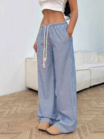 Drawstring Striped Wide Leg Pants - Jeans Junction Online