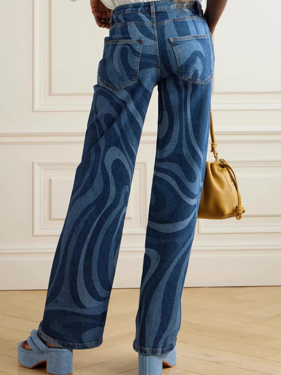 Water Ripples Print Wide Leg Jeans - Jeans Junction Online 