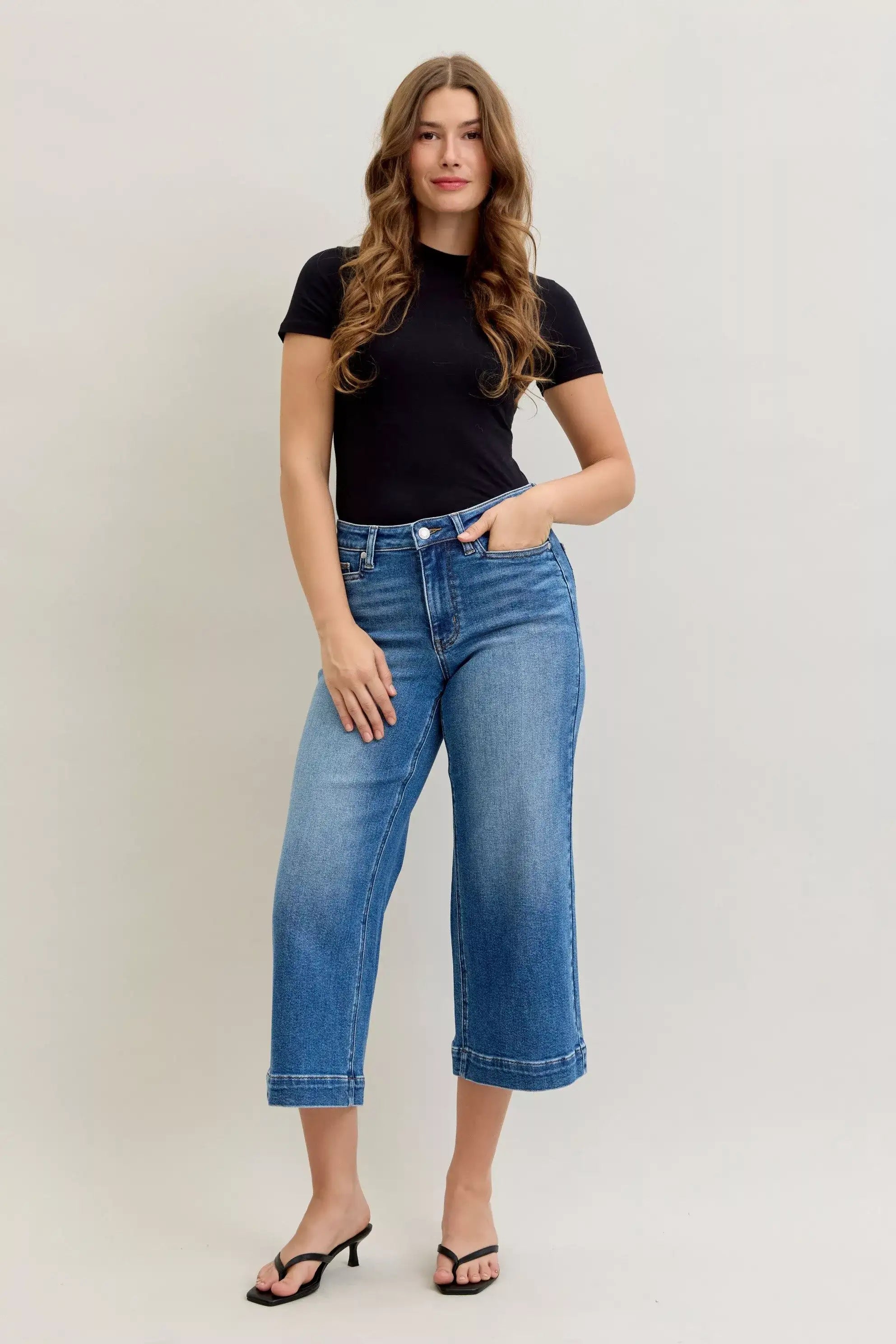 Judy Blue Mid Rise Crop Wide Leg Jeans - Jeans Junction Online