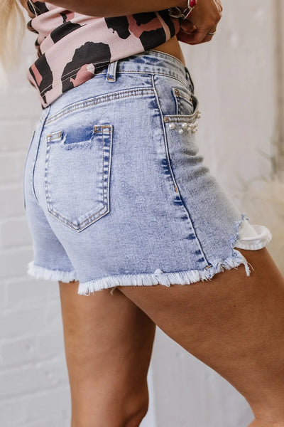 Pearl Studded Pockets Raw Hem Denim Shorts - Jeans Junction Online