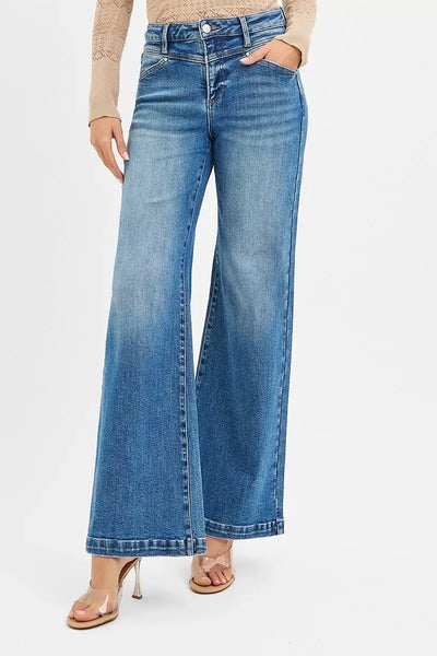 RISEN High Rise Wide Leg Jenas with Front Yoke and Heart Back Pocket - Jeans Junction Online
