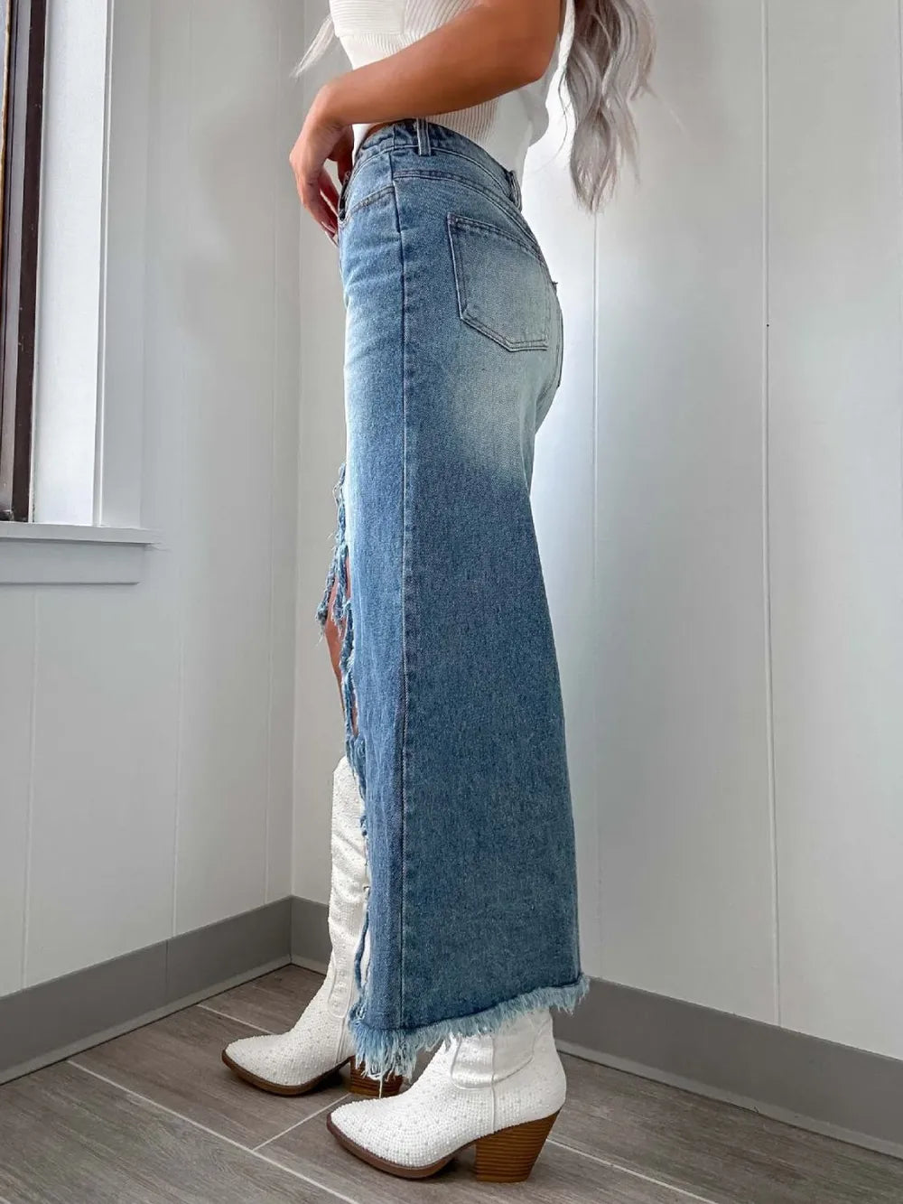 High-Waist Raw Hem Asymmetry Denim Skirt - Jeans Junction Online