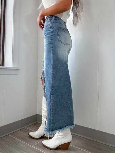 High-Waist Raw Hem Asymmetry Denim Skirt - Jeans Junction Online