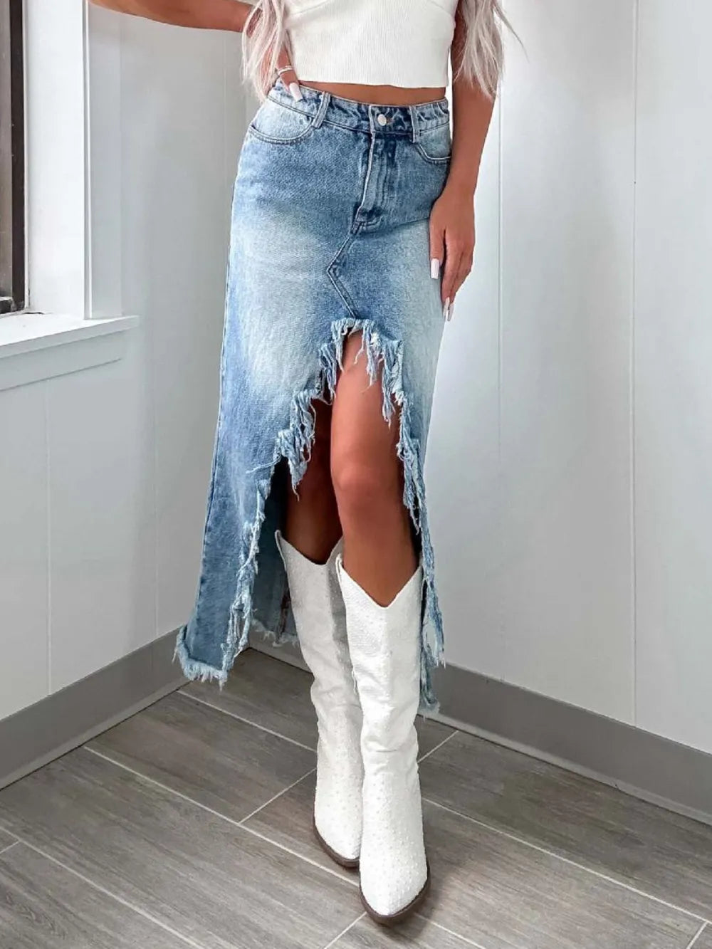 High-Waist Raw Hem Asymmetry Denim Skirt - Jeans Junction Online