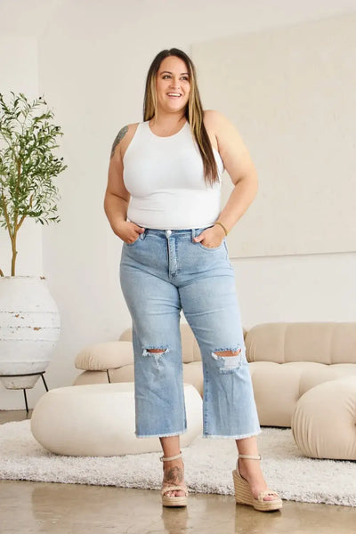 RFM Full Size Tummy Control High Waist Raw Hem Distressed Jeans - Jeans Junction Online