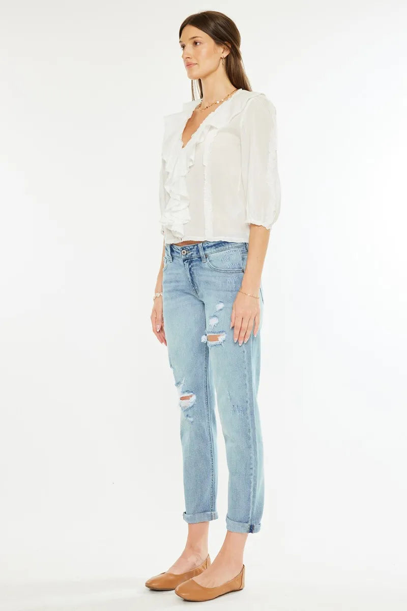Kancan Mid Rise Distressed Boyfriend Fit Jeans - Jeans Junction Online