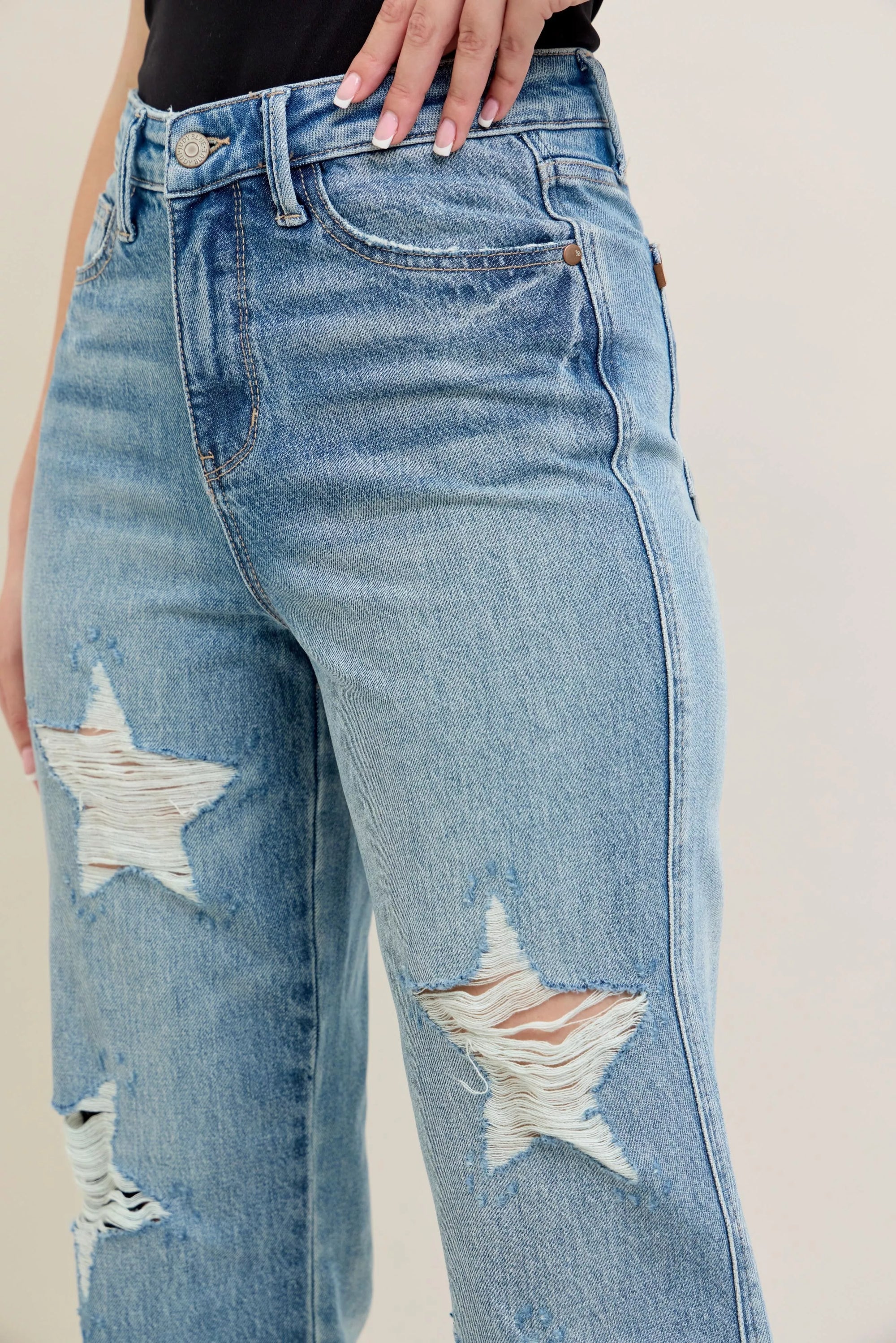 Judy Blue Full Size High Waist Rigid Magic Star Shaped Destroy 90's Straight Jeans Plus Size - Jeans Junction Online