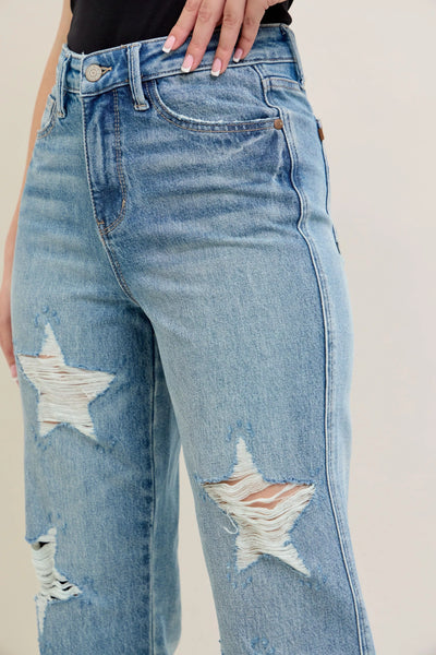 Judy Blue Full Size High Waist Rigid Magic Star Shaped Destroy 90's Straight Jeans Plus Size - Jeans Junction Online