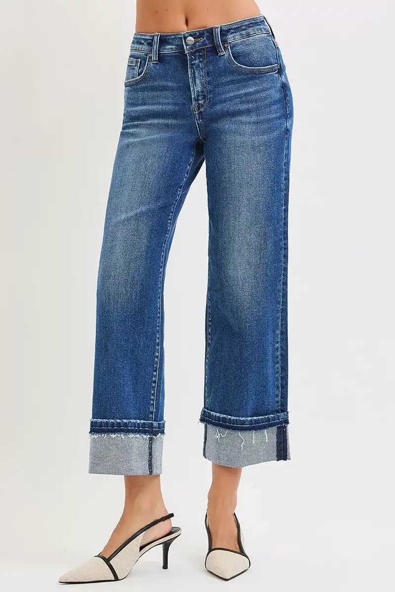 RISEN Mid Rise Ankle Straight Jeans with Cuffed Hem - Jeans Junction Online 