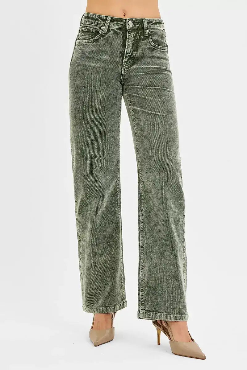 RISEN Tummy Control Mid Rise Straight Leg Corduroy Pants - Jeans Junction Online 