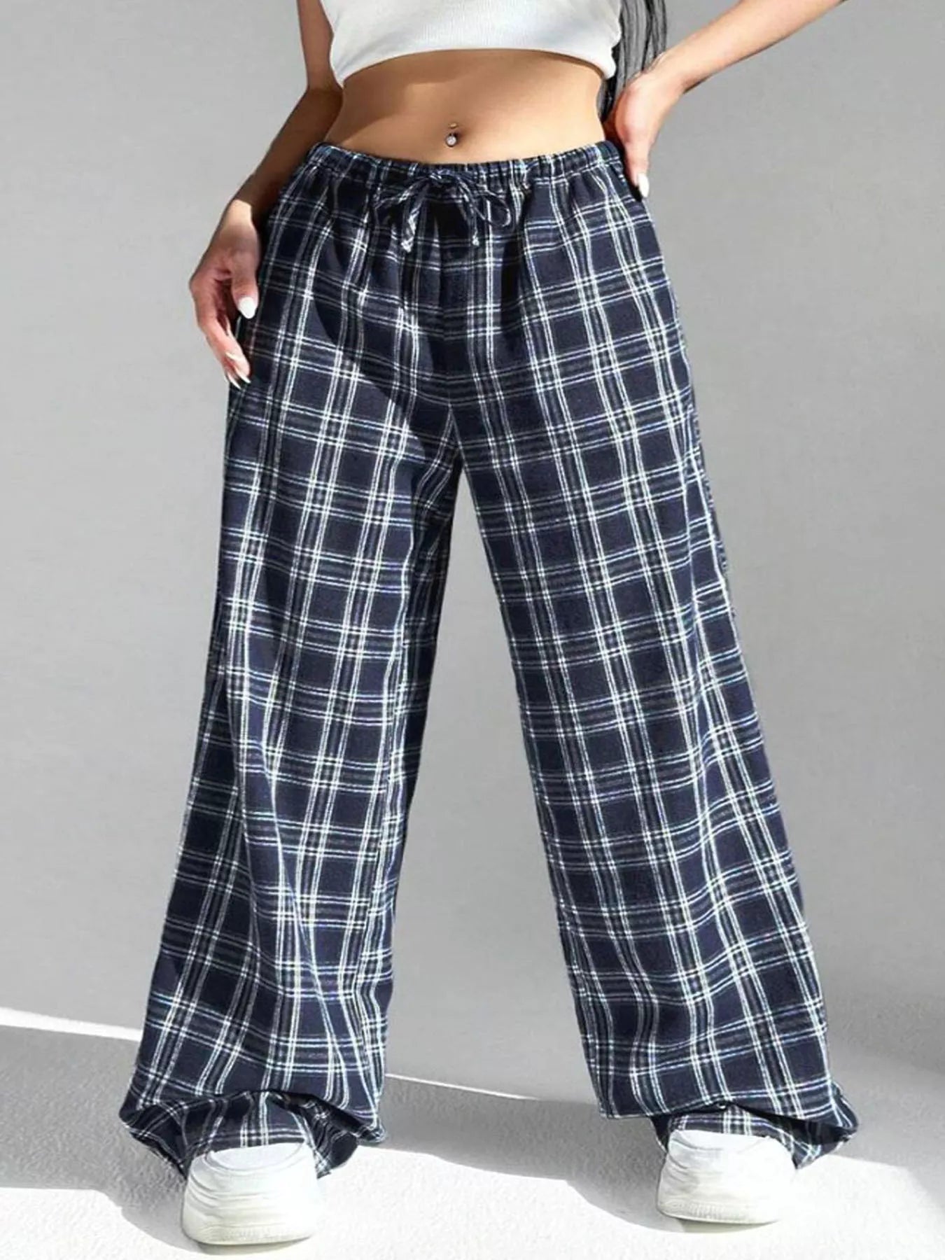 Plaid Drawstring Wide Leg Pants - Jeans Junction Online