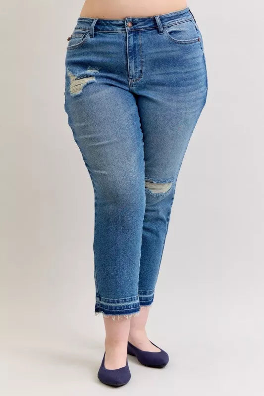 Judy Blue Full Size Mid Rise Bf Patch & Repair Destroy Release Hem Jeans Plus Size - Jeans Junction Online