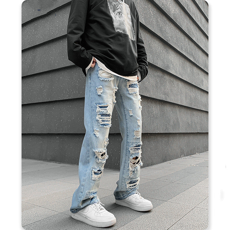 Men's Straight Irregular Trendy Ripped Jeans - Jeans Junction Online 