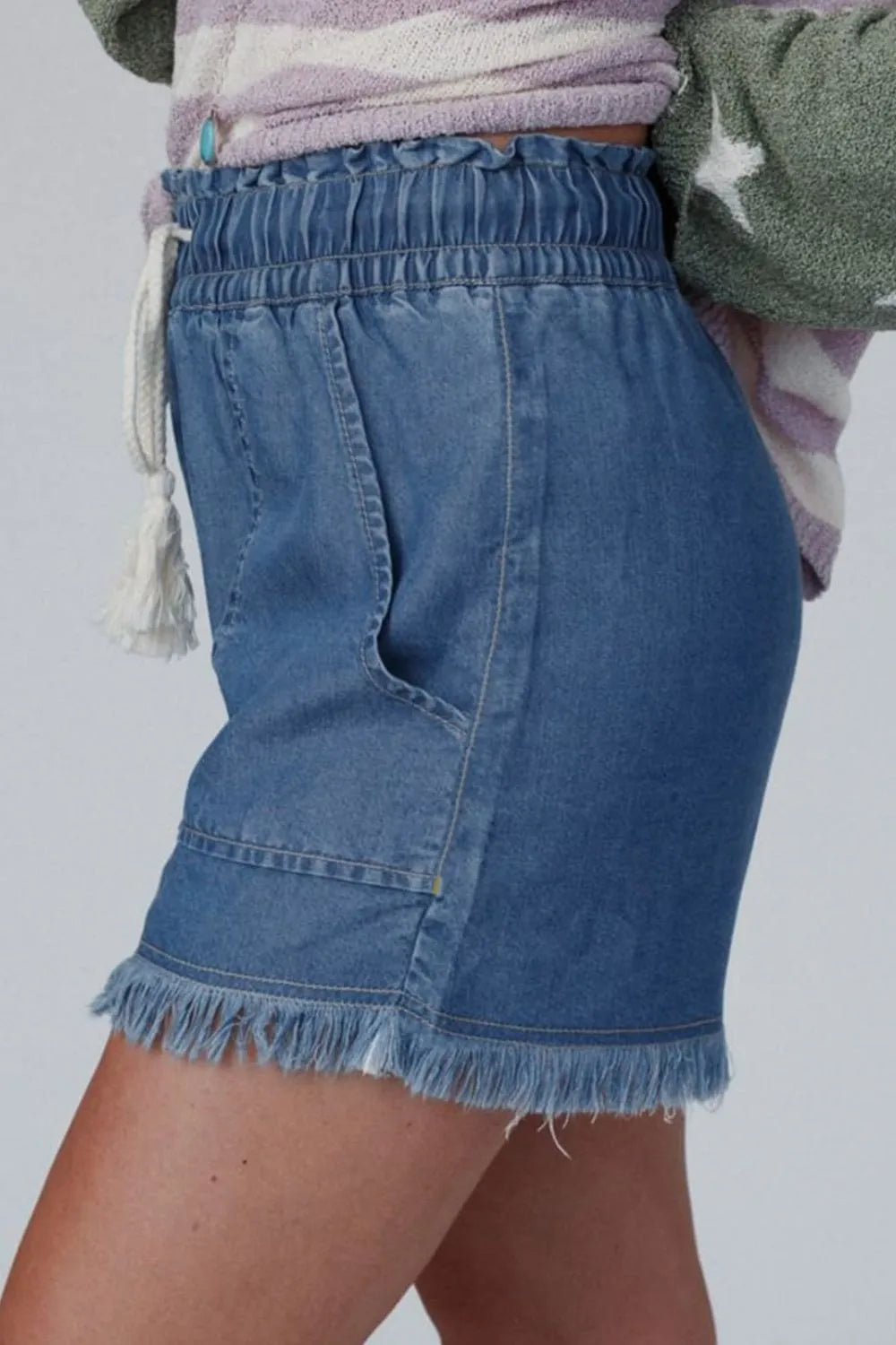 Raw Hem Drawstring High Waist Denim Shorts with Pockets - Jeans Junction Online
