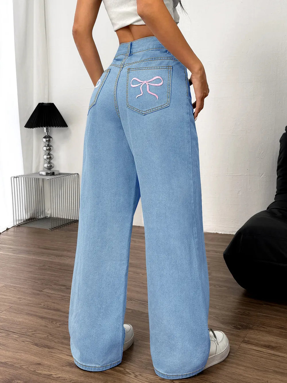 Embroidered Bow Back Wide Leg Jeans - Jeans Junction Online