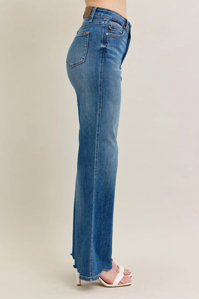 Judy Blue Full Size High Waist Tummy Control Chew Hem Destroy Wide Jeans Plus Size - Jeans Junction Online