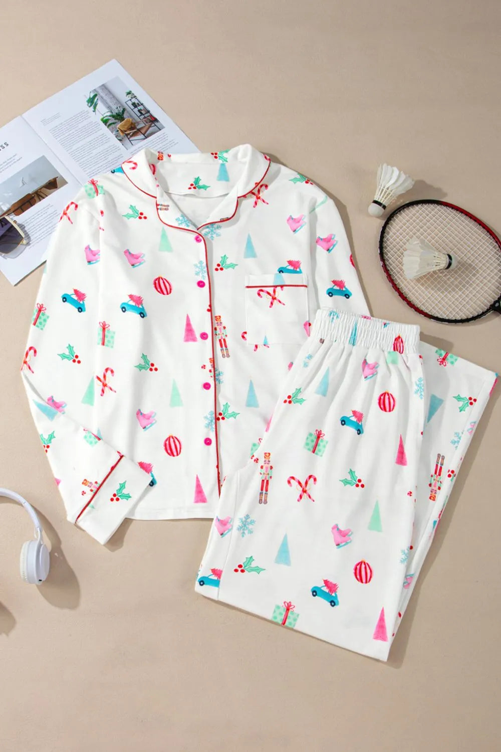 Christmas Printed Collared Neck Top and Pants Lounge Set - Jeans Junction Online