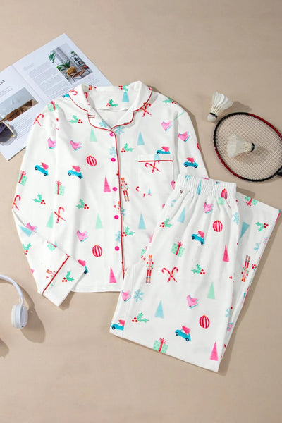 Christmas Printed Collared Neck Top and Pants Lounge Set - Jeans Junction Online
