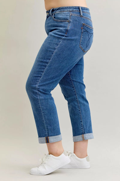 Judy Blue Full Size Mid Rise BF Classic Cuffed Jeans Plus Size - Jeans Junction Online
