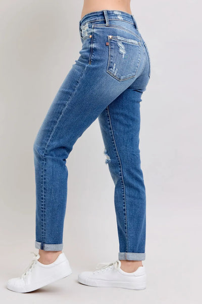 Judy Blue Full Size Button Fly Distressed Jeans with Pockets Plus Size - Jeans Junction Online