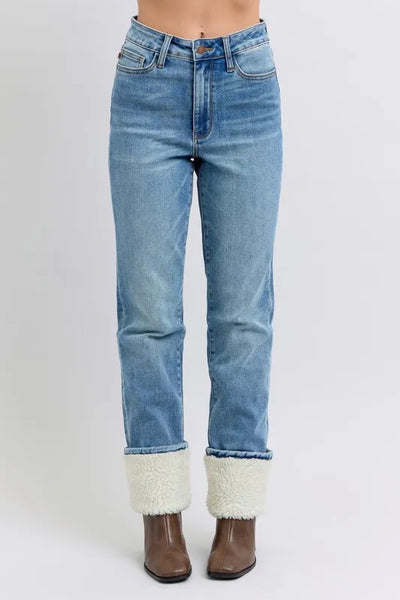 Judy Blue Full Size High Waist Shearling Cuff Straight Plus Size - Jeans Junction Online
