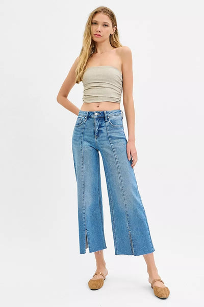 RISEN Tummy Control Mid Rise Crop Wide Front Slit Jeans - Jeans Junction Online