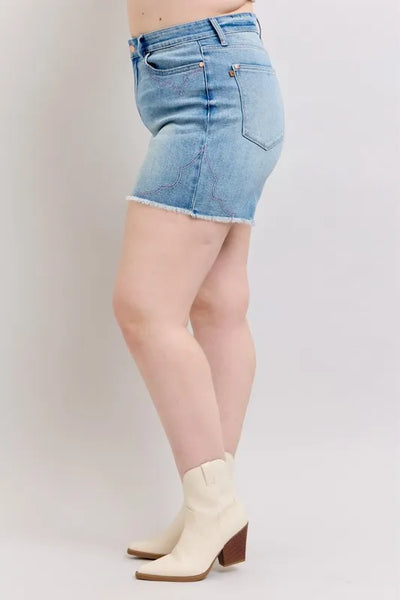 Judy Blue Plus Size High Waist Western Embroidery Detail Cut Off Denim Shorts - Jeans Junction Online