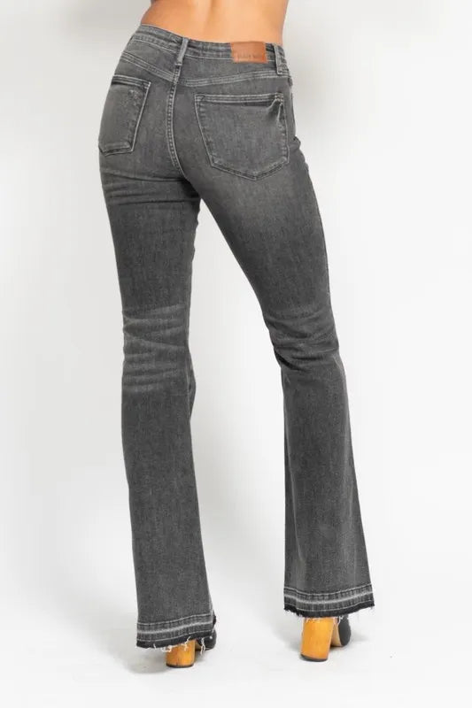Judy Blue Full Size Mid Rise Tummy Control Washed Gray Release Hem Flare Jeans Plus Size - Jeans Junction Online