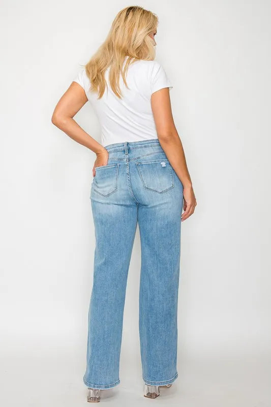 bytos Full Size Distressed High Rise Straight Jeans - Jeans Junction Online