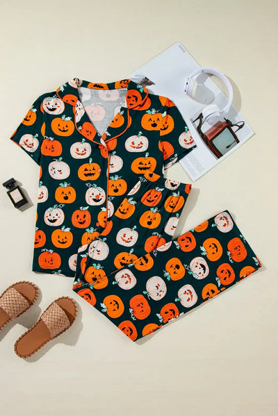 Pumpkin Printed Short Sleeve Top and Pants Lounge Set - Jeans Junction Online