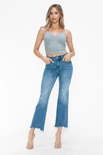 bytos Raw Hem Distressed Mid Rise Crop Jeans - Jeans Junction Online