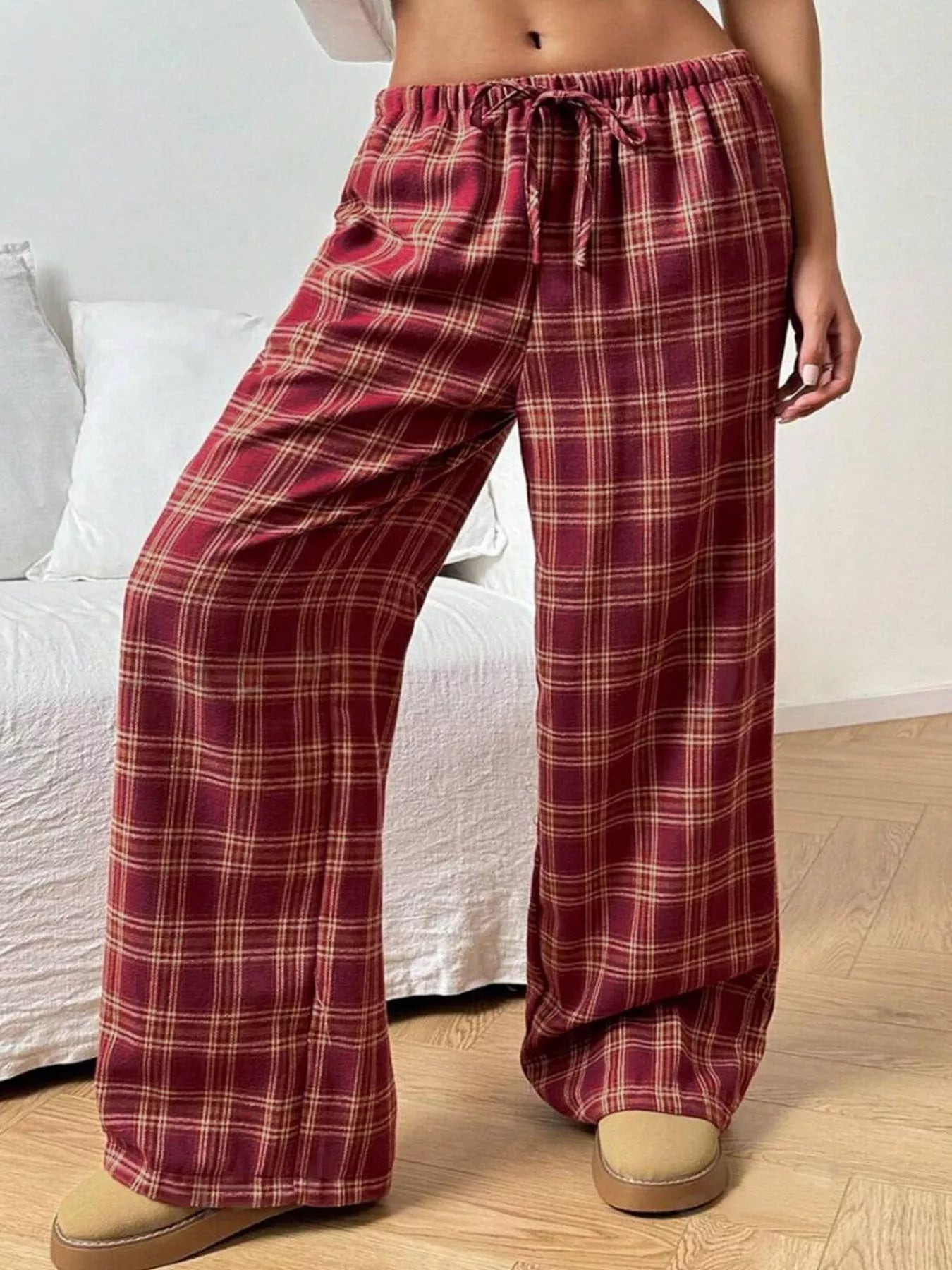 Plaid Drawstring Wide Leg Pants - Jeans Junction Online