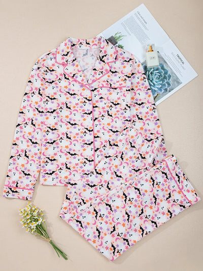 Halloween Ghost Print Button Up Top and Pants Lounge Set - Jeans Junction Online