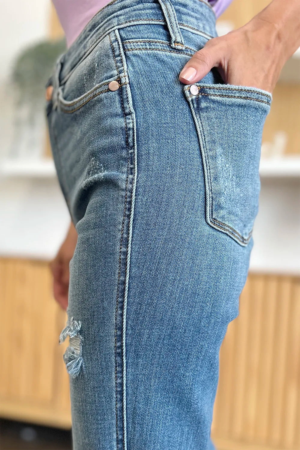 Judy Blue Full Size Distressed Raw Hem Bootcut Jeans - Jeans Junction Online