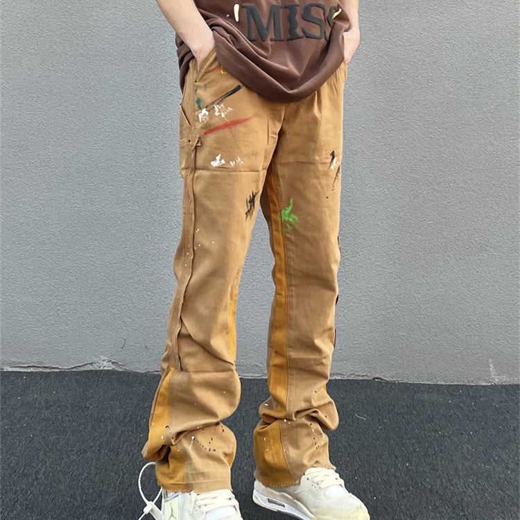 Khaki Men's Vibe Style Splattered Ink Graffiti Micro Flared Pants - Jeans Junction Online 