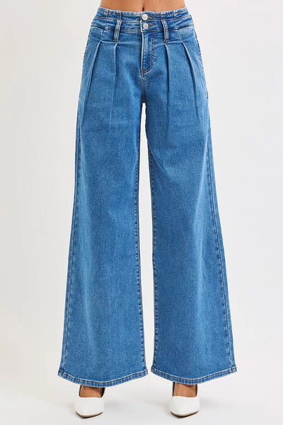 RISEN Full Size Mid Rise Fit Wide Leg with Pleated Detail Jeans Plus Size - Jeans Junction Online